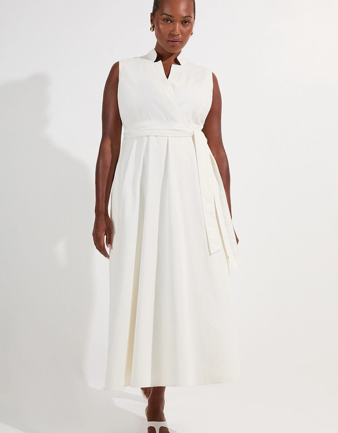 Plus Size Denim Tailored Notch Neck Belted Fluid Midi Dress, 2 of 1