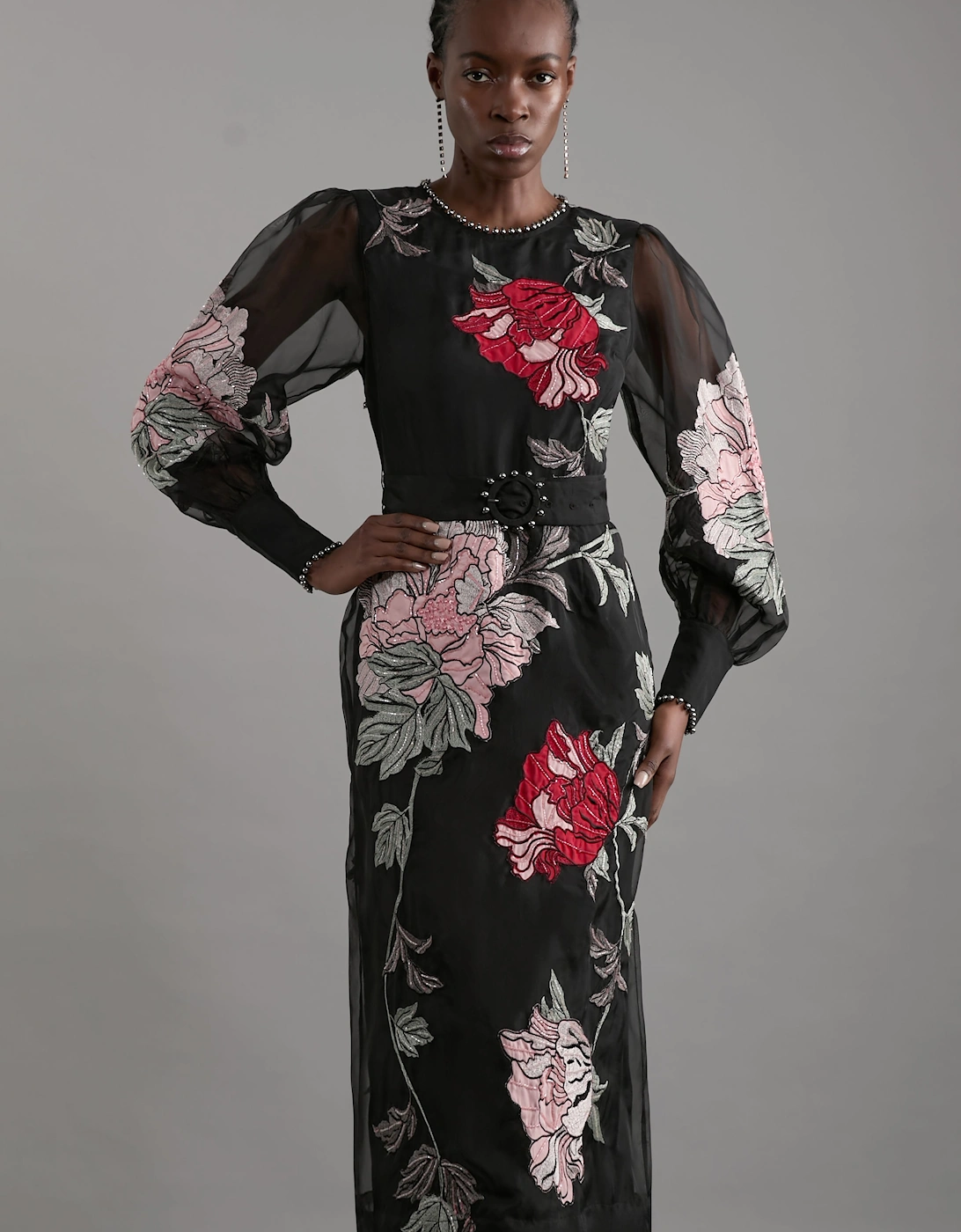 Applique And Embroidered Organdie Woven Midi Dress With Beading, 2 of 1