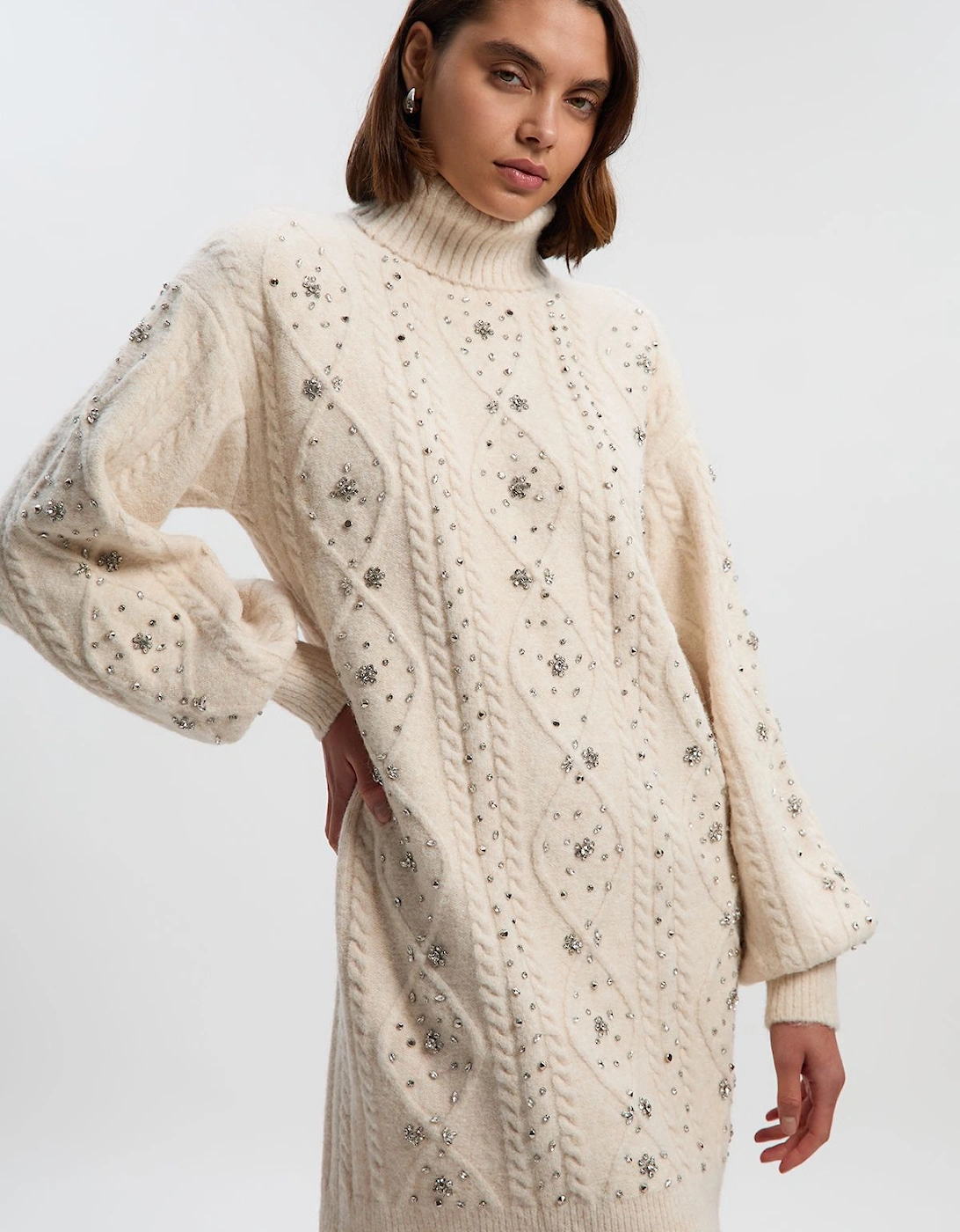 Wool Blend Embellished Cable Knit Jumper Mini Dress, 2 of 1