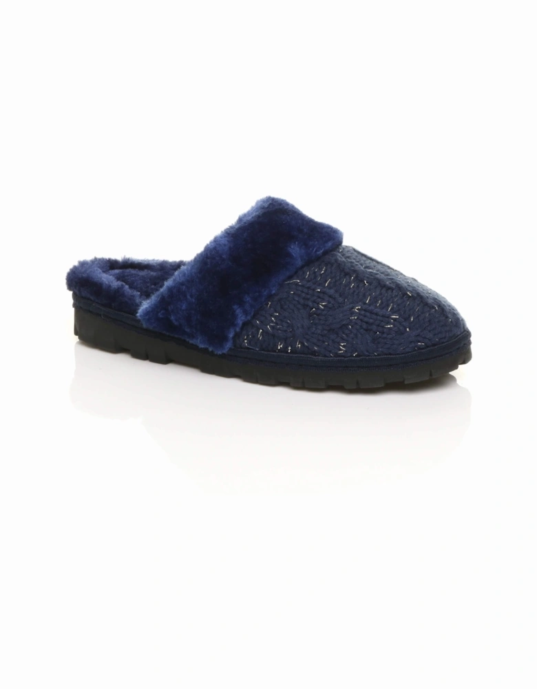 Flat  Heel Mule Glitter Cable Knit Slippers