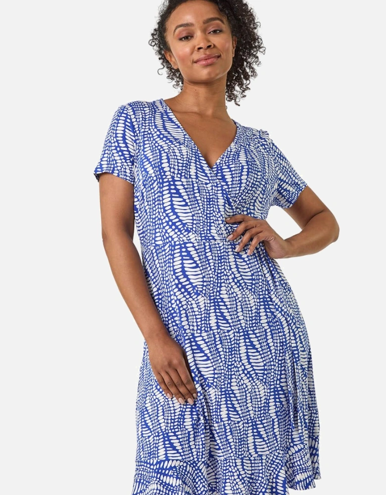 Petite Abstract Print Wrap Frill Dress