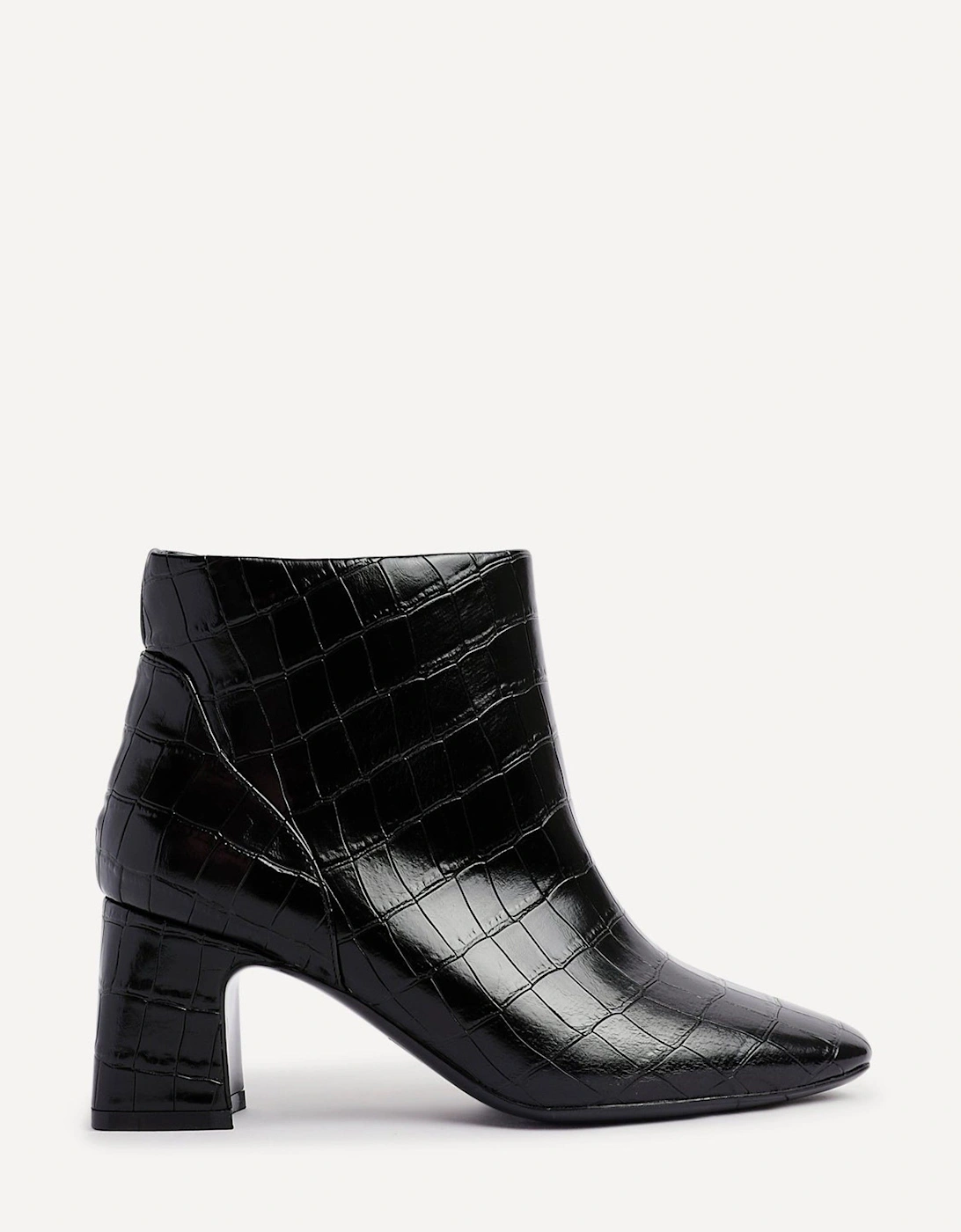Cove Black Faux Croc Patent Leather Soft Square Toe Block Heel Ankle Boot, 2 of 1