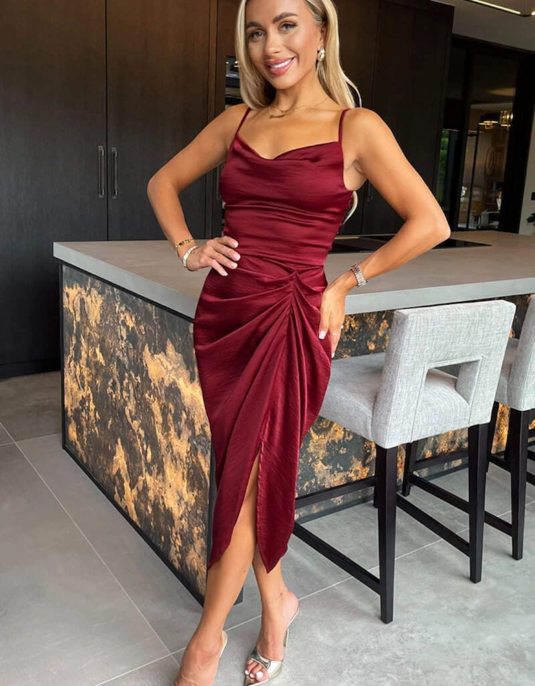 Wine Satin Strappy Cowl Neck Gathered Skirt Midi Dress