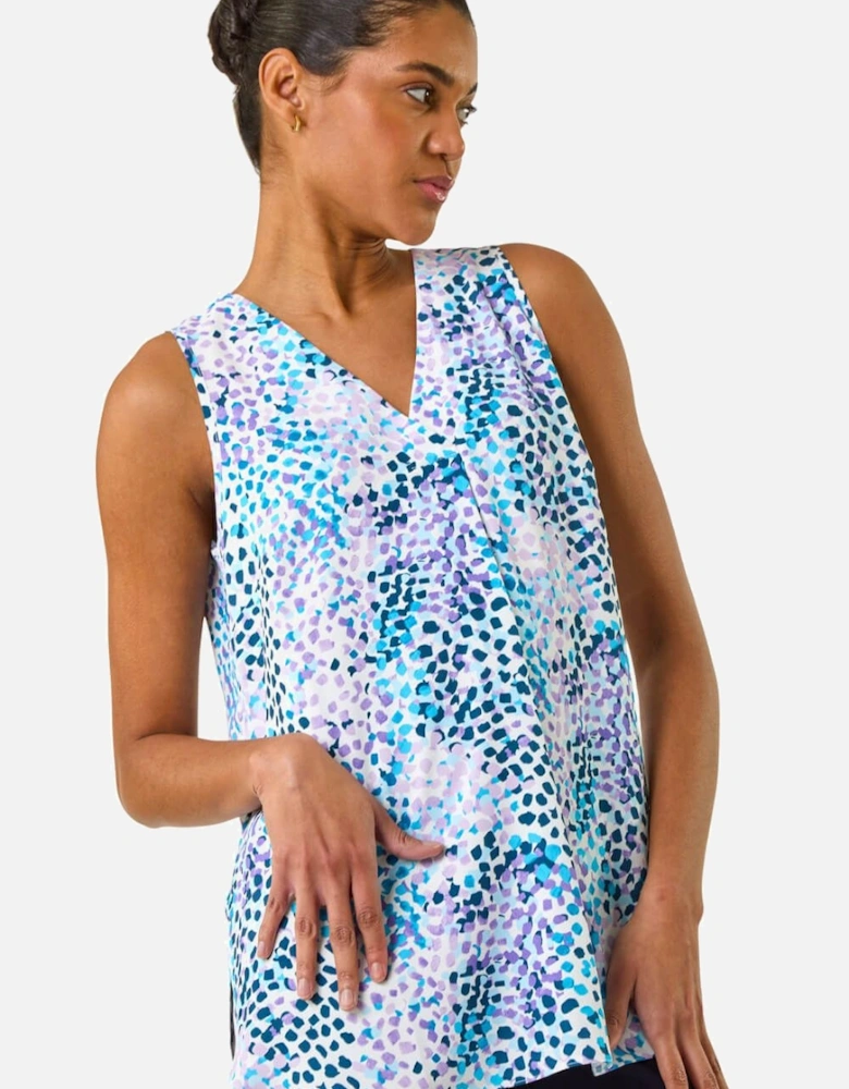 Abstract Print V-Neck Pleat Top