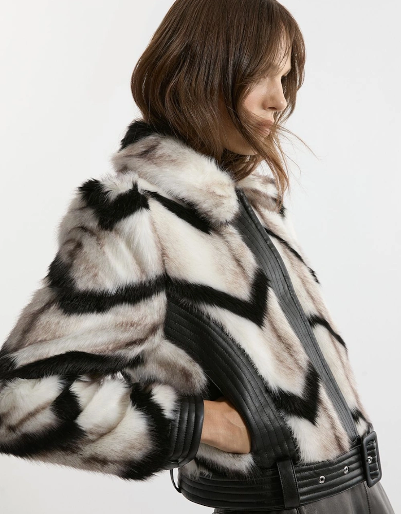 Faux Fur Pu Panelled Stripe Belted Cropped Jacket
