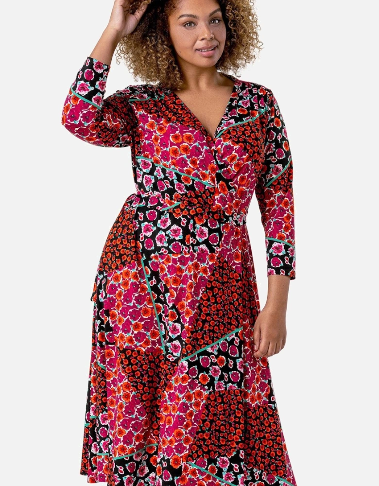 Curve Patchwork Floral Print Wrap Dress