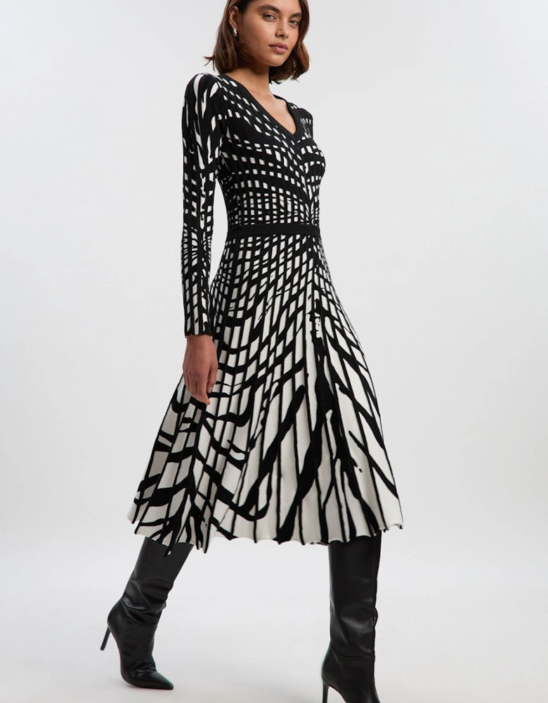 Zebra Jacquard Knit Full Skirted Midi Dress