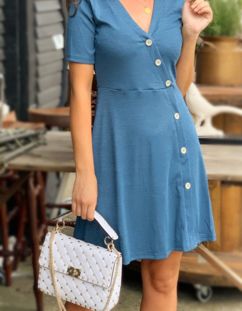 Button Down V Neck Mini Dress In Blue