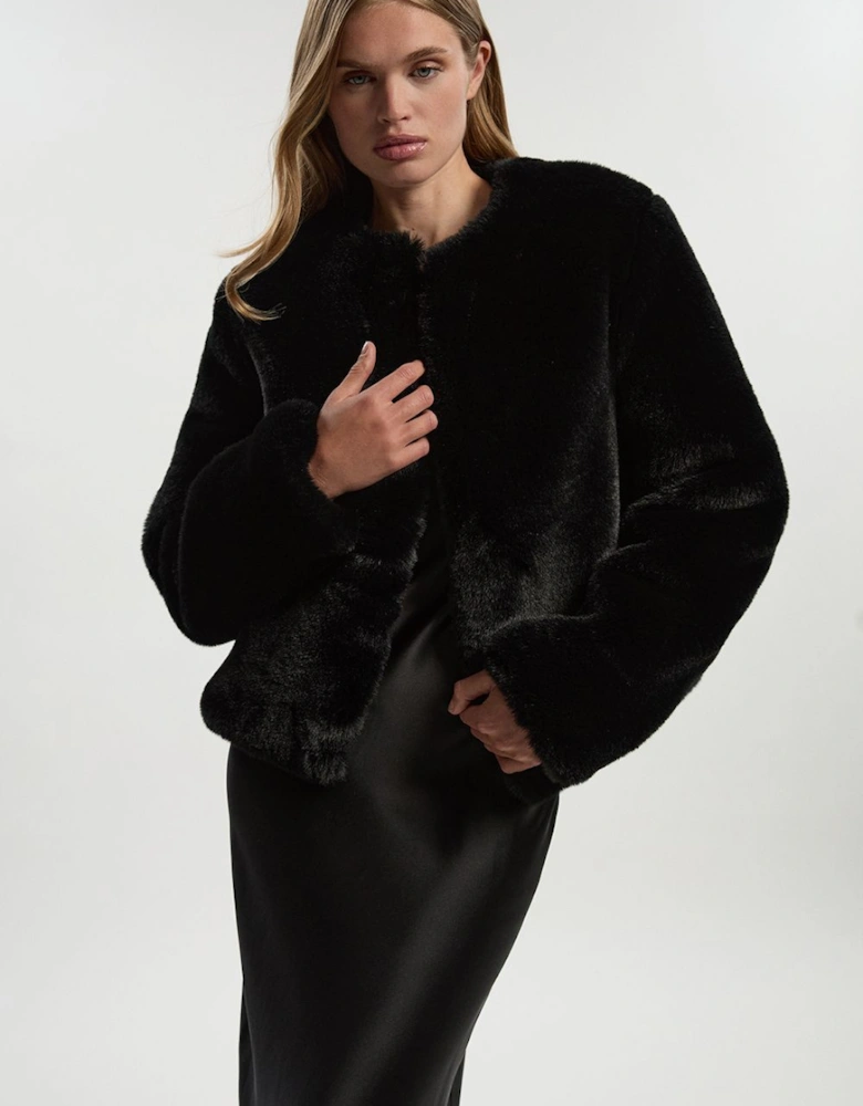 Collarless Faux Fur Jacket