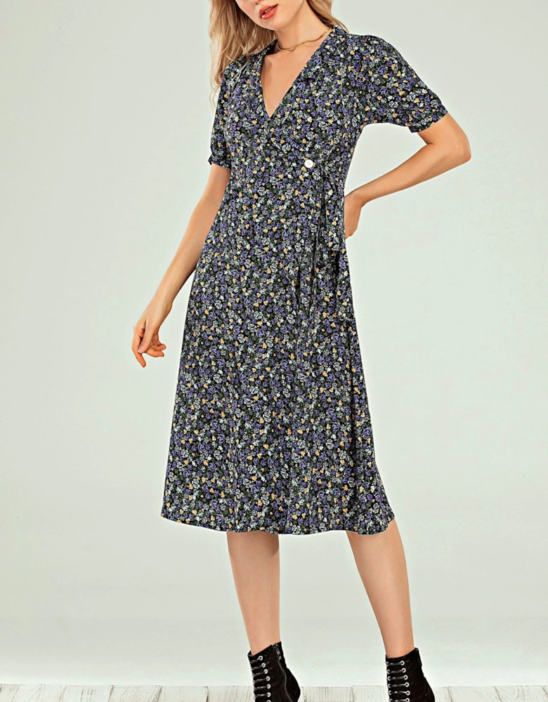 Button Wrap Midi Dress In Black With Blue Green Yellow Rose Print