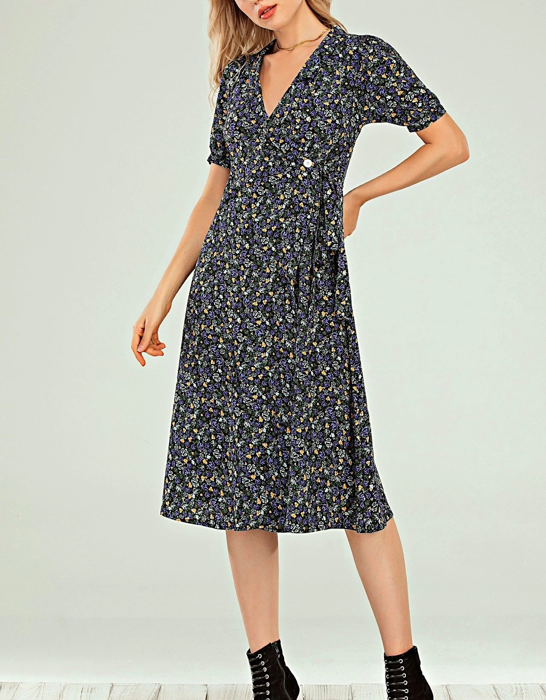 Button Wrap Midi Dress In Black With Blue Green Yellow Rose Print, 2 of 1