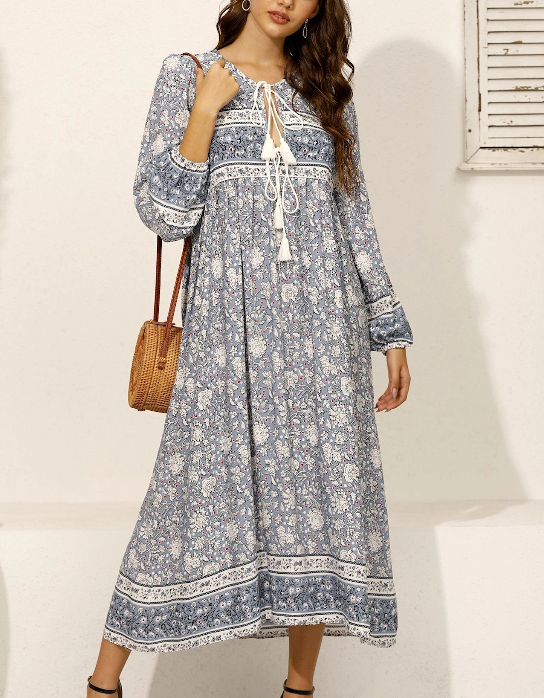 Boho Long Sleeve In Blue & White Floral Print Midi Dress, 2 of 1