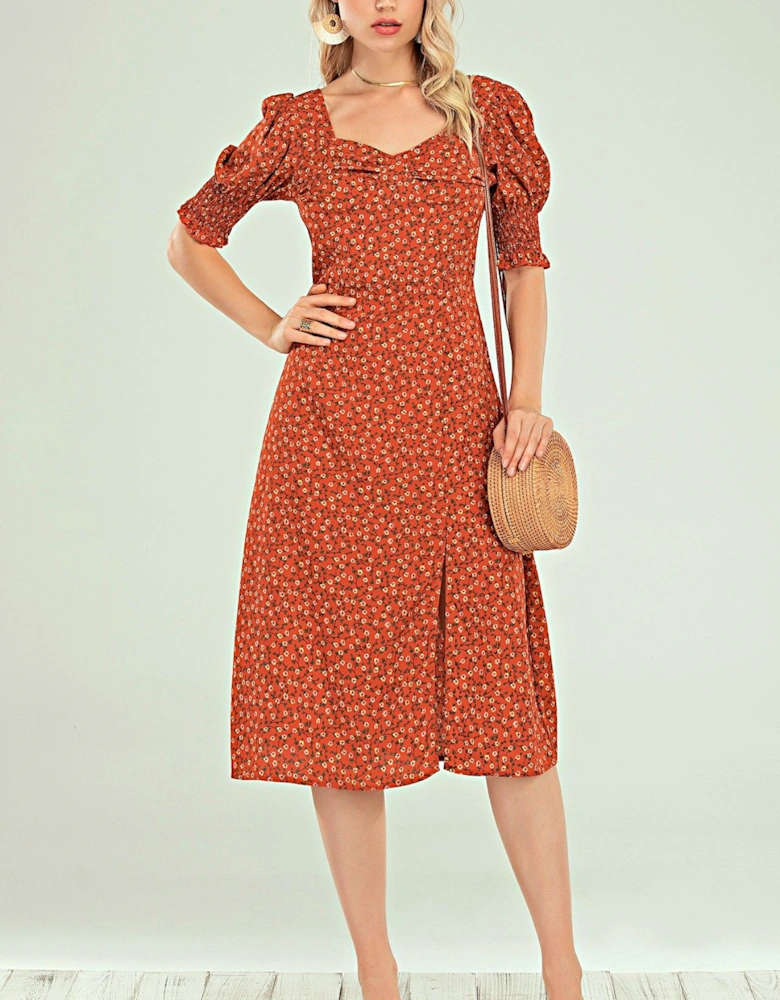 Short Sleeve Split Leg Midi Dress In Red Ditsy Floral Print