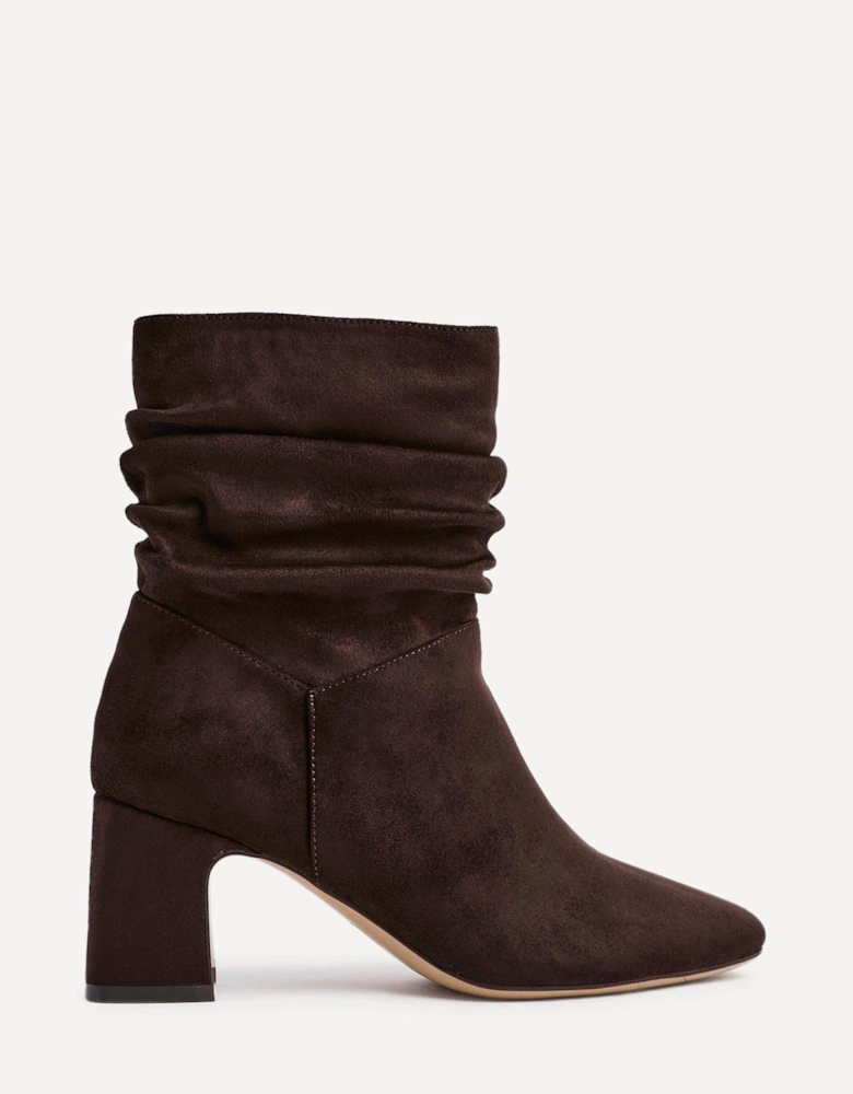 Maven Brown Faux Suede Ruched Block Heel Ankle Boot