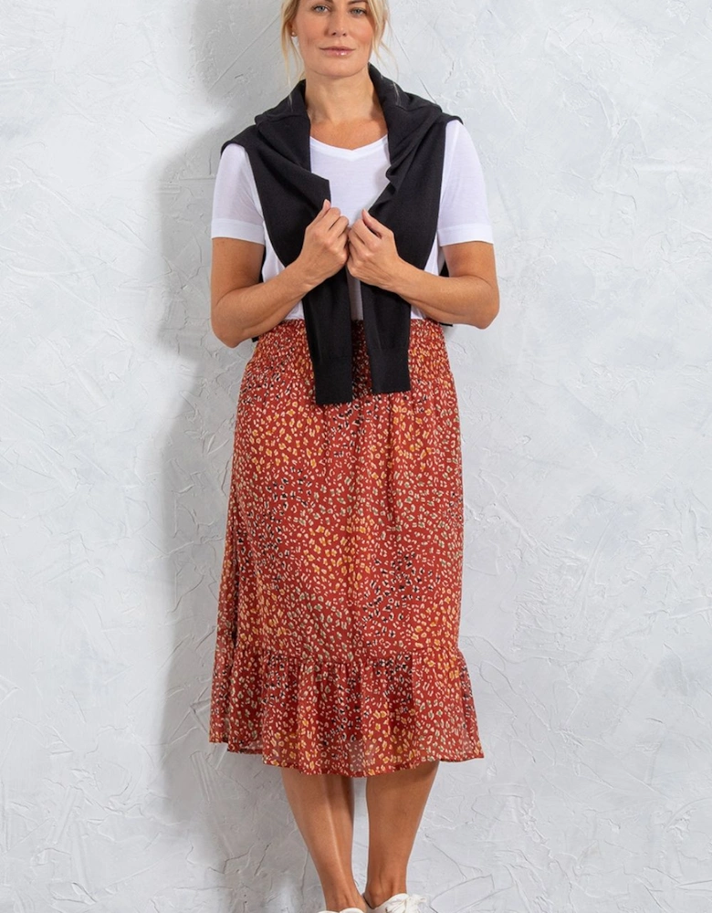 Animal Printed Mesh Smocked Waist Midi Skirt