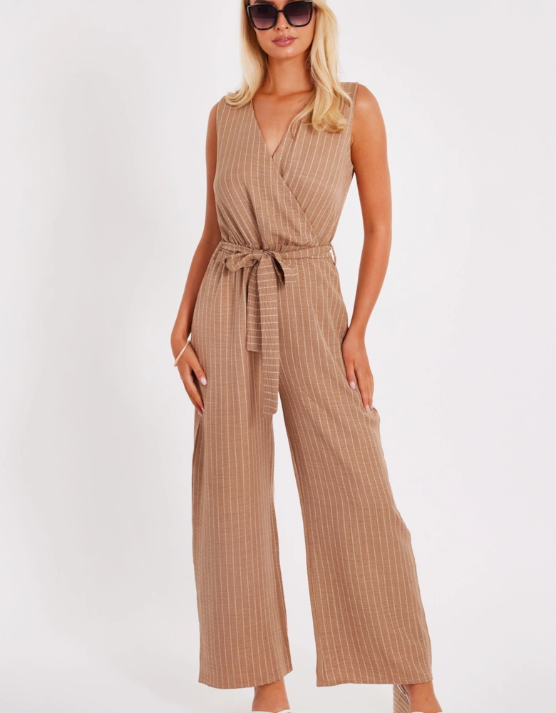 Stone Linen Striped Jumpsuit