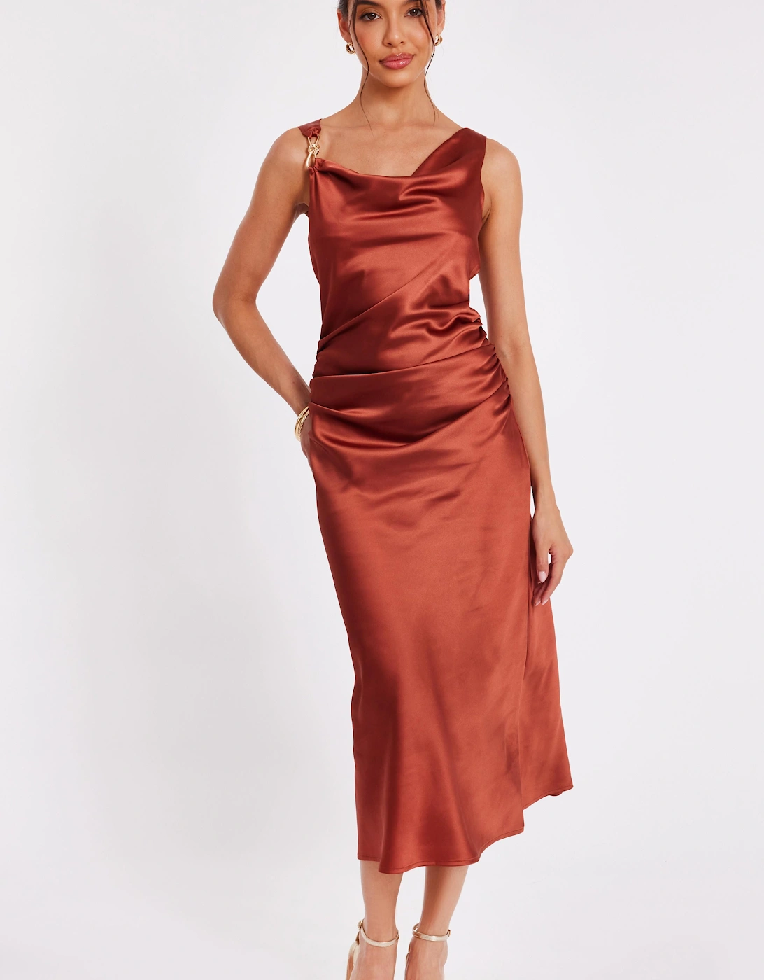 Burnt Orange Satin Cowl Neck Midi Dress, 2 of 1