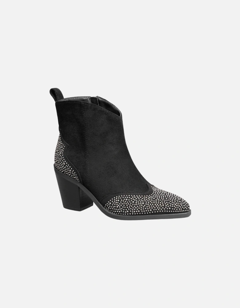 Cowboy Suede with Sparkling Diamonds Block Heel Zip Closure Ankle Boots