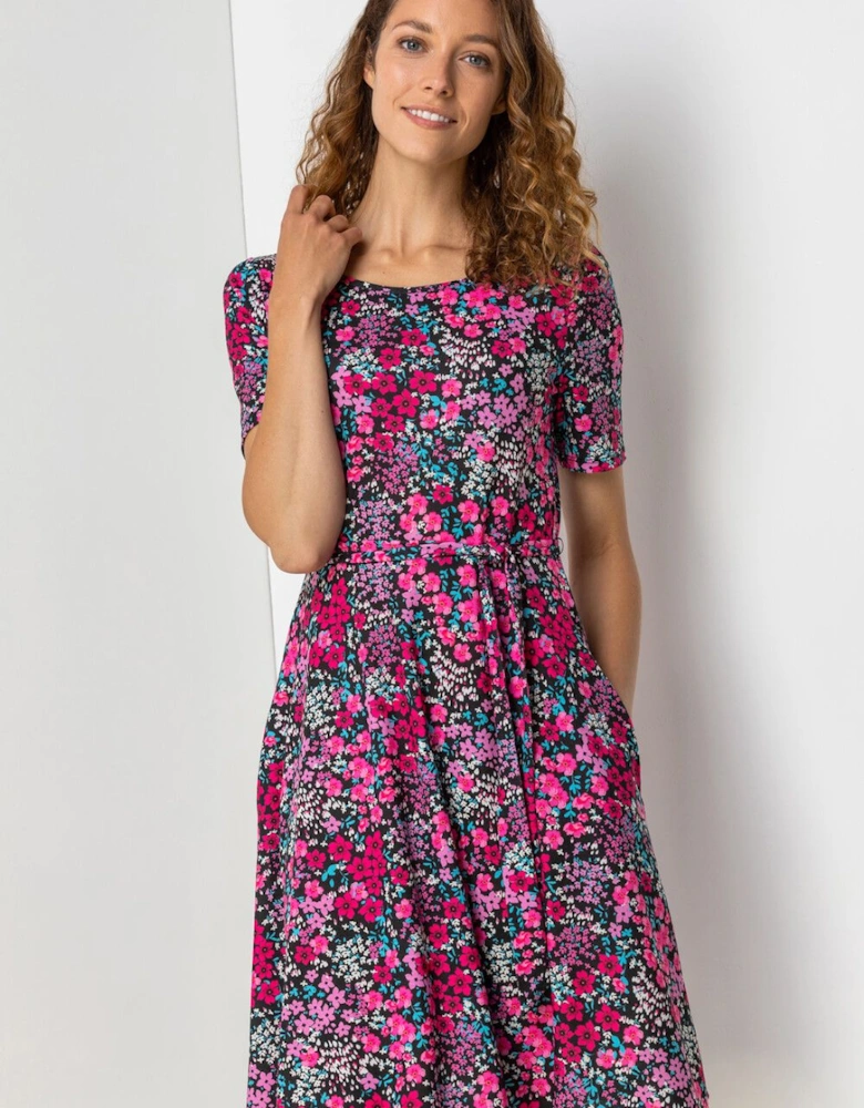 Floral Print Belted Skater Dress