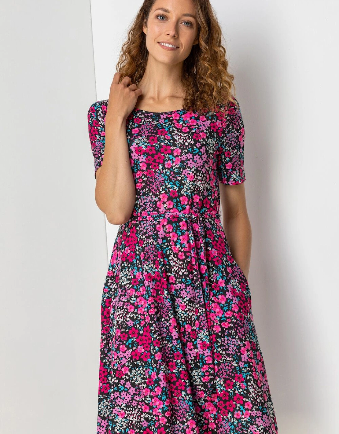 Floral Print Belted Skater Dress, 2 of 1