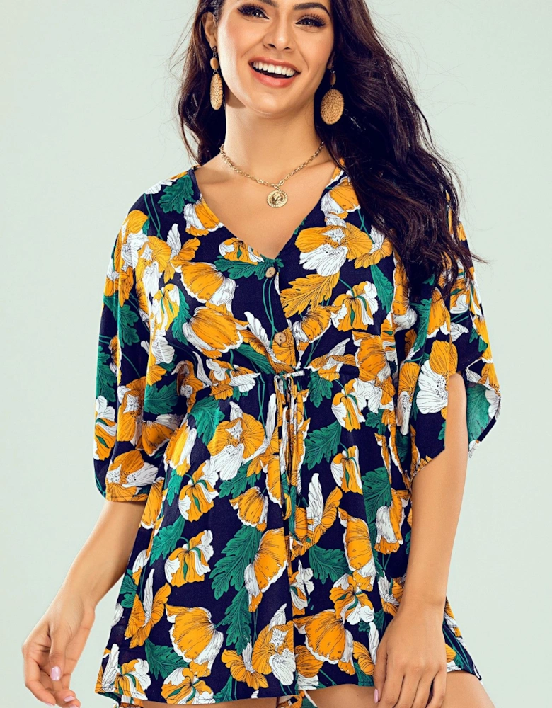 V Neck Playsuit In Navy & Green & Yellow