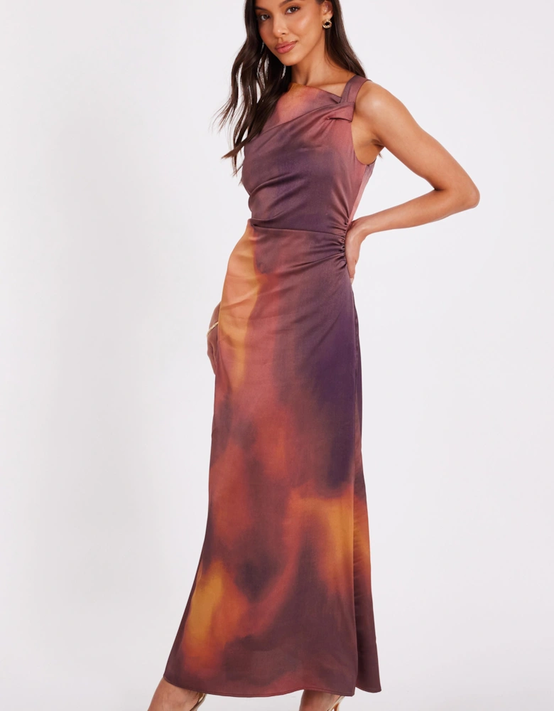 Brown Satin Printed Midaxi Dress