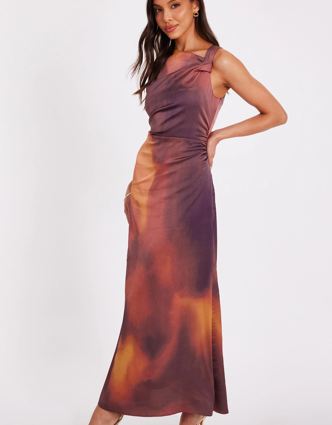 Brown Satin Printed Midaxi Dress, 2 of 1