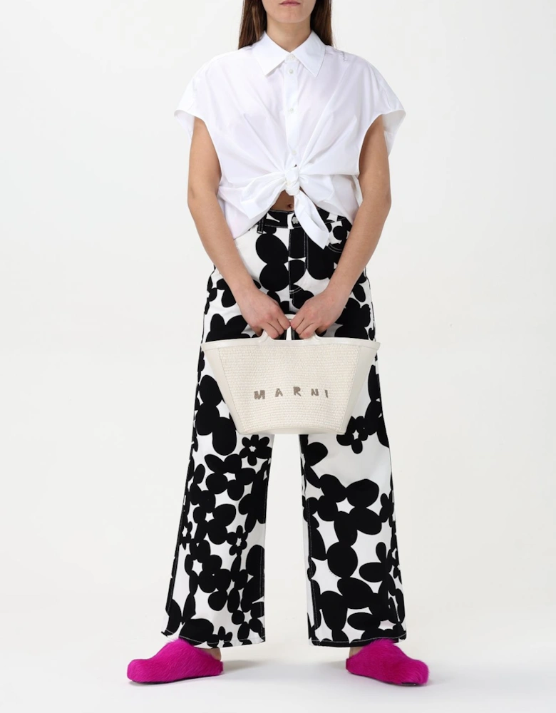 Raffia Tote Bag Leather Trim