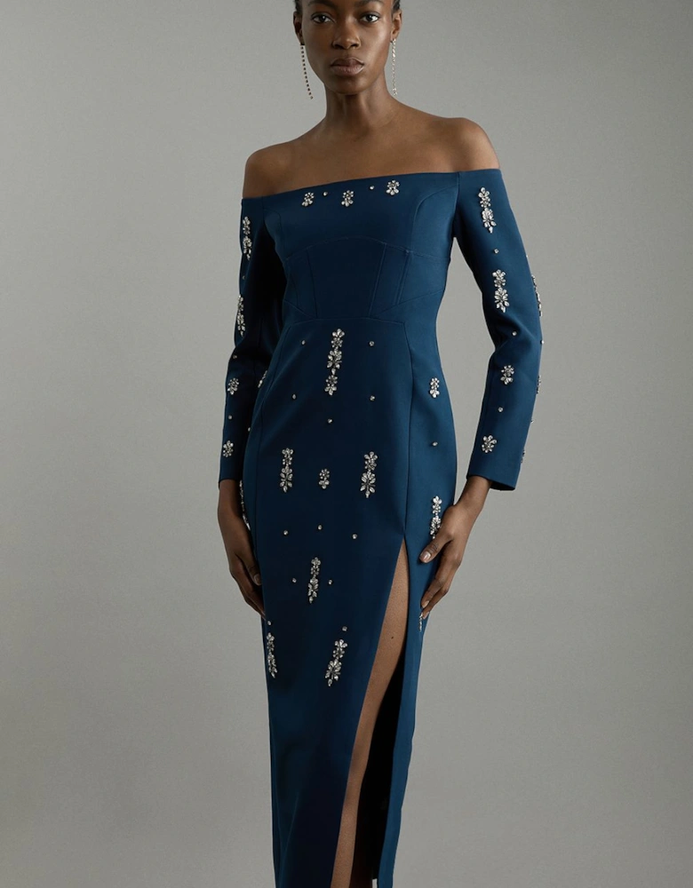 Petite Crystal Embellished Corset Detail Bardot Woven Midaxi Dress