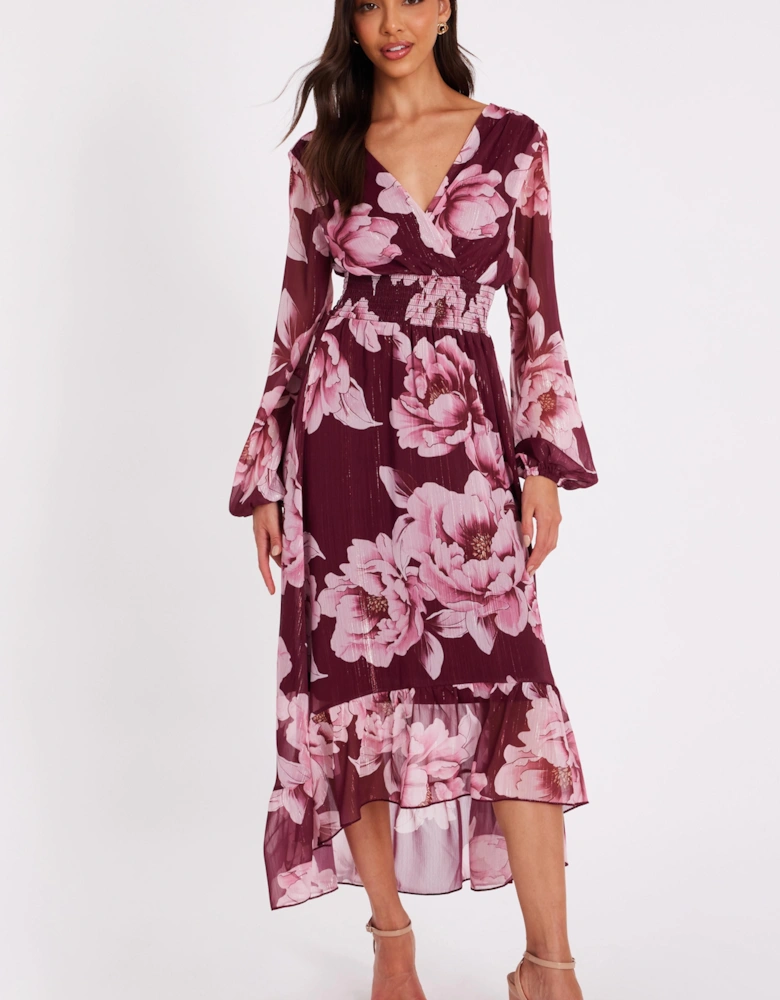 Burgundy Floral Dip Hem Dress