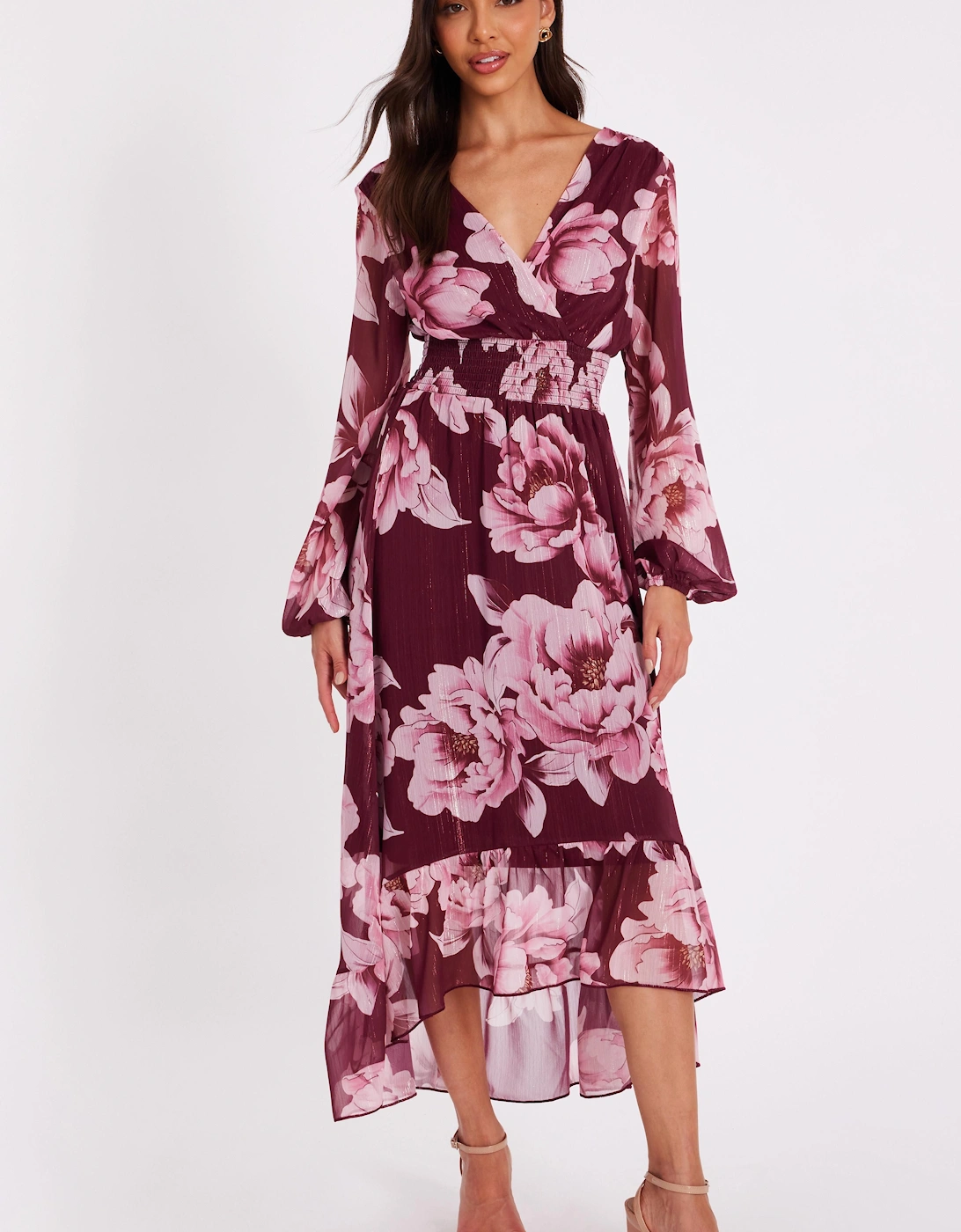Burgundy Floral Dip Hem Dress, 2 of 1