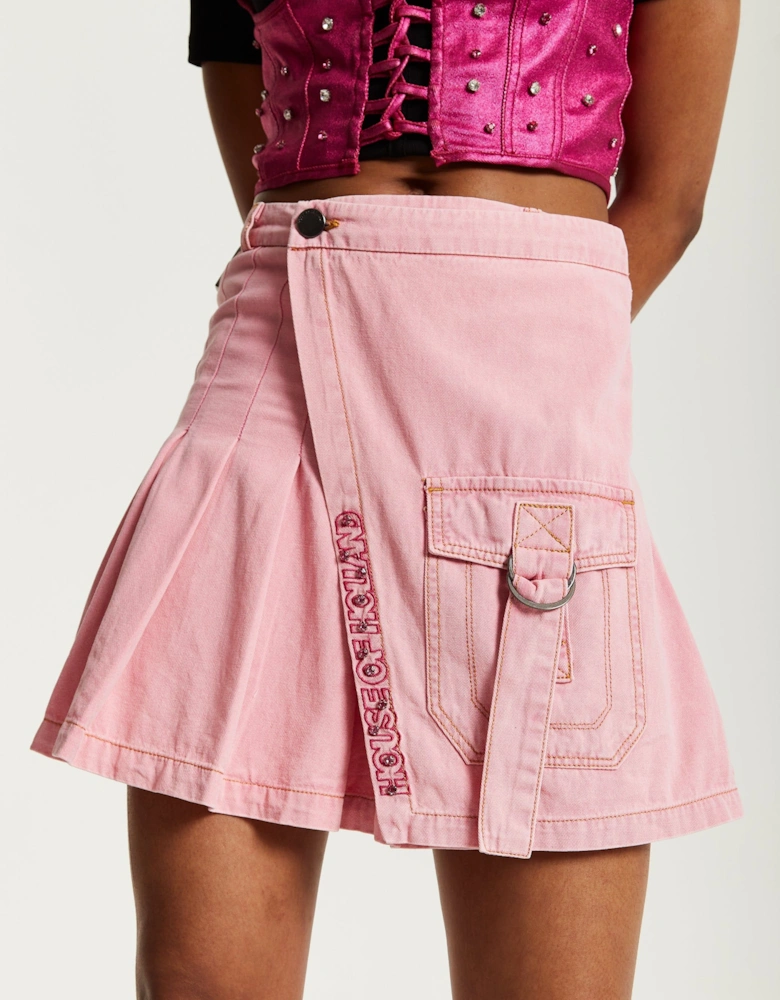Light Pink Denim Studded Pleated Skirt