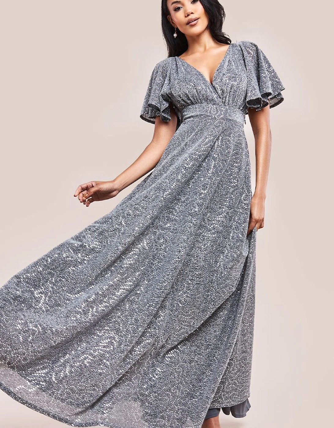 Sequin Sparkling Flutter Sleeve Maxi Dress, 2 of 1