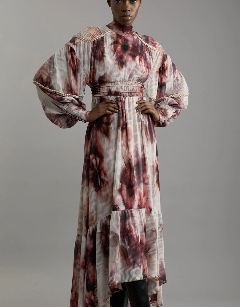 Petite Crinkle Floral Woven Maxi Dress With Laced Back And Embellishment