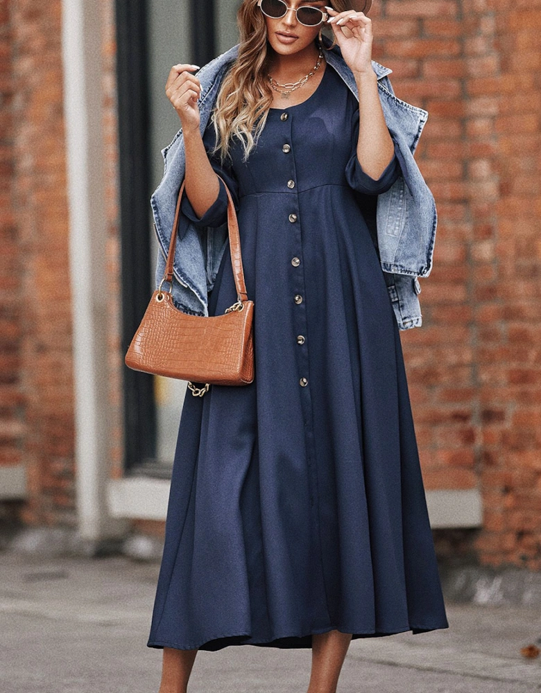 Button Down Sleeve Tie Detail Midi Dress In Navy