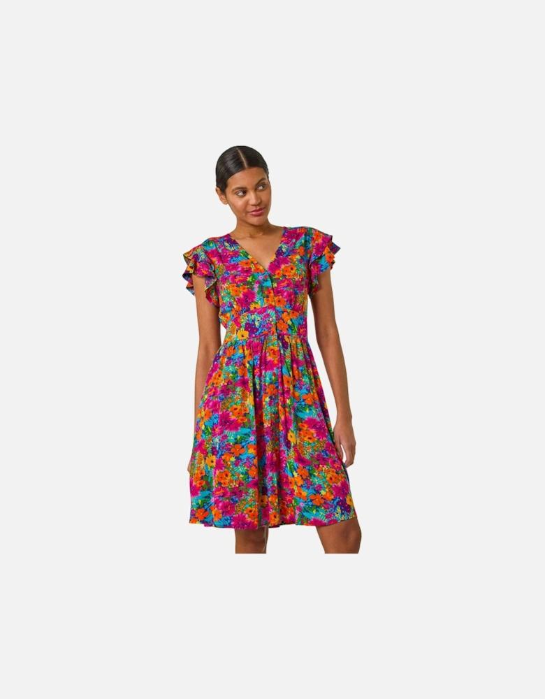 Floral Print Button Frill Dress