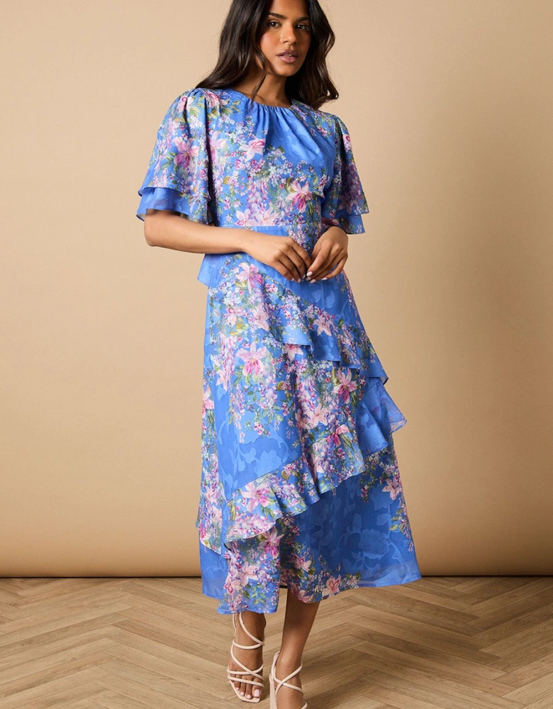 Petite Double Frill Satin Burnout Midi Dress