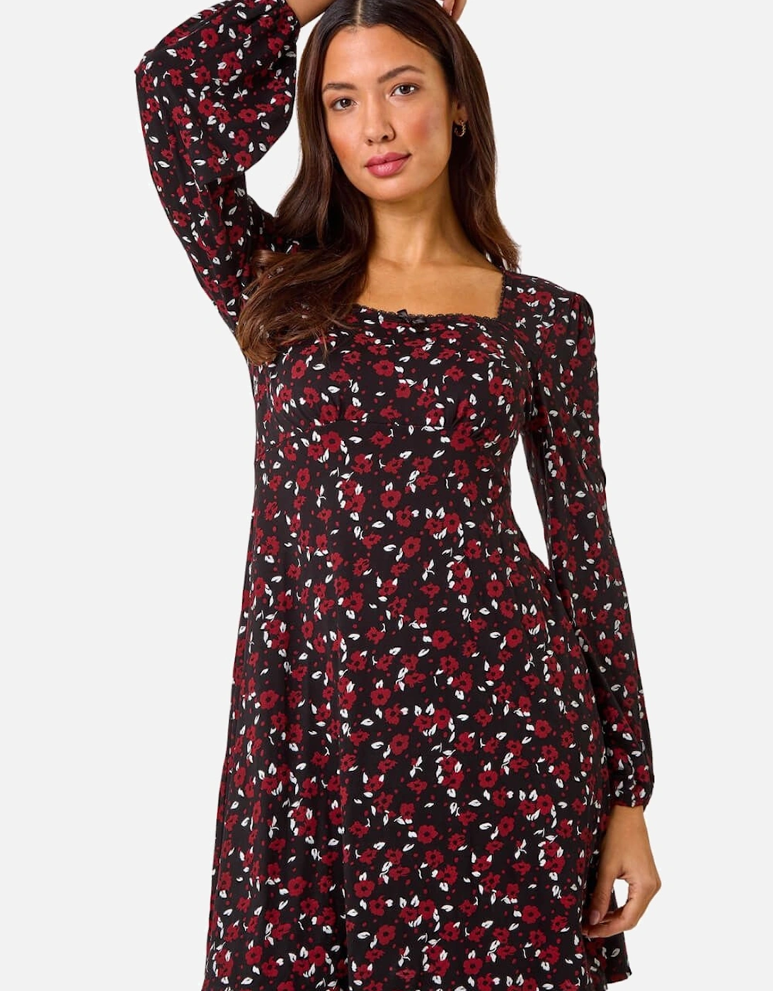 Ditsy Print Lace Trim Stretch Dress, 2 of 1