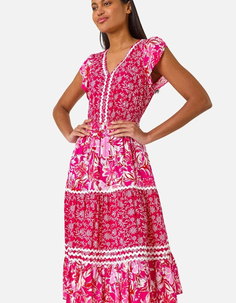 Floral Contrast Stitch Midi Dress