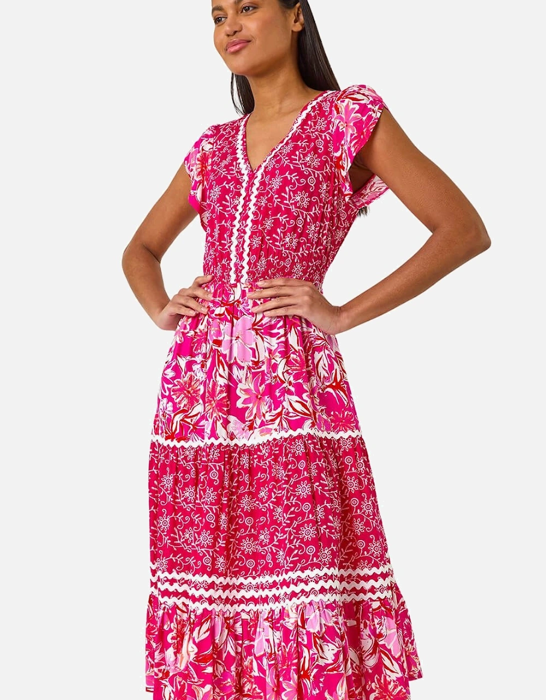 Floral Contrast Stitch Midi Dress, 2 of 1