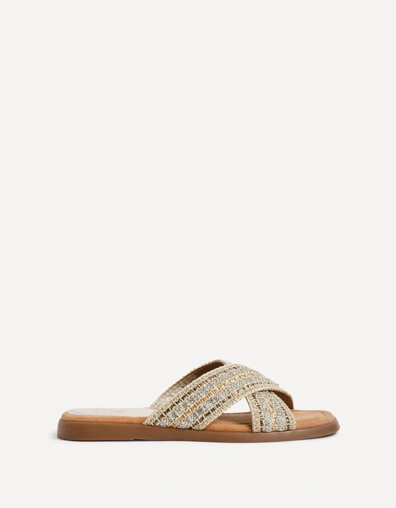 Genie Gold Embellished Raffia Flat Slider Sandal