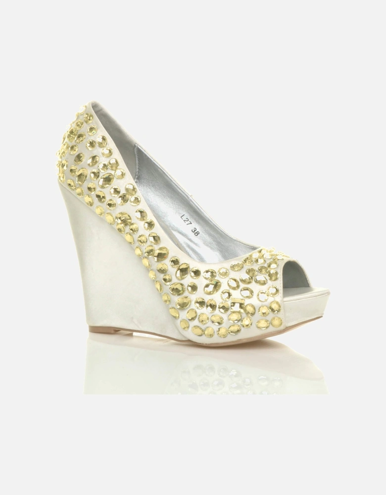 High  Heel Embellished Gem Peep Toe  Wedges