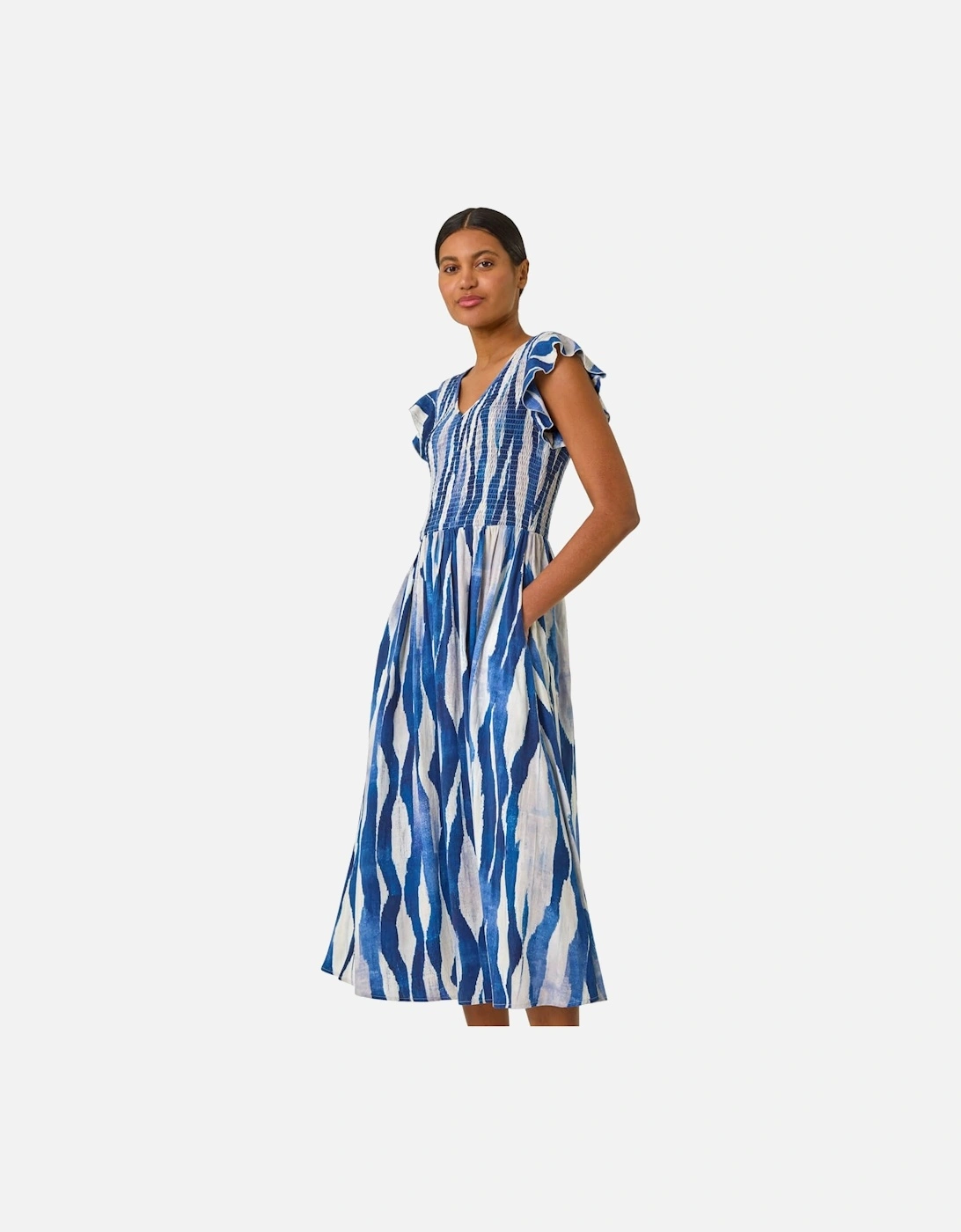Wave Print Shirred Midi Dress, 2 of 1