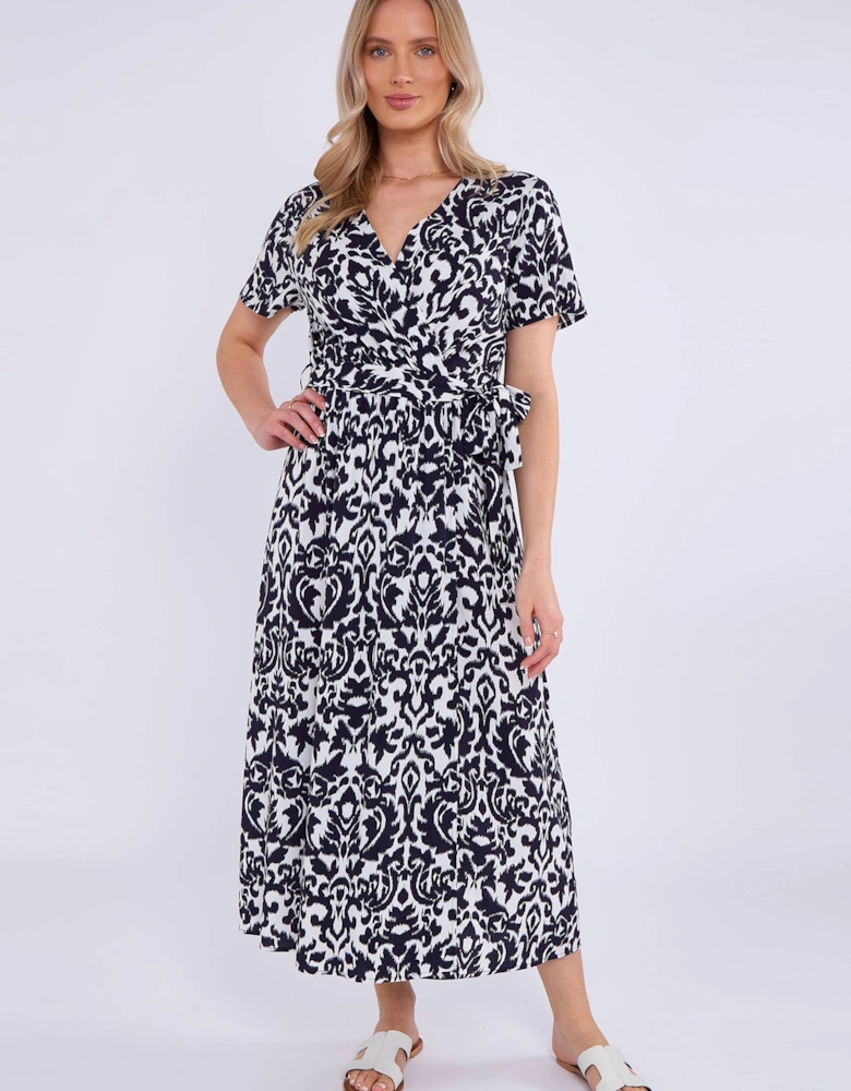 Navy Short Sleeves Viscose Wrap Midi Dress