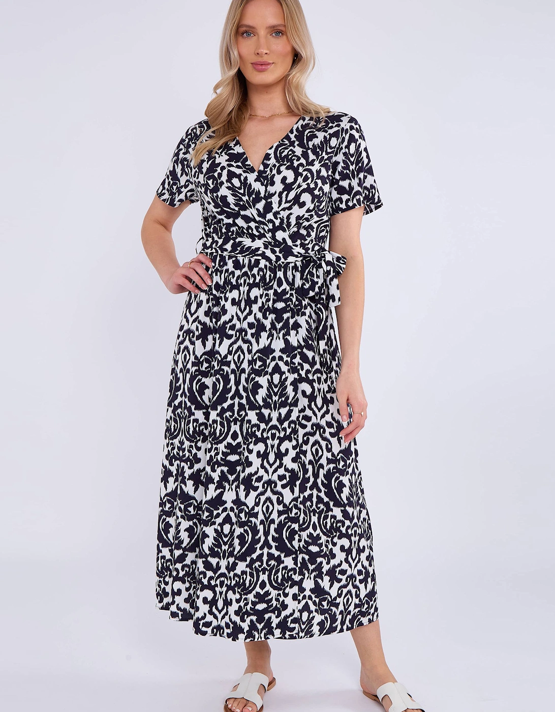 Navy Short Sleeves Viscose Wrap Midi Dress, 2 of 1