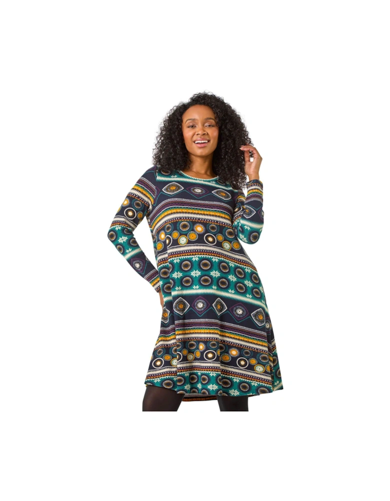 Petite Nordic Print Swing Stretch Dress