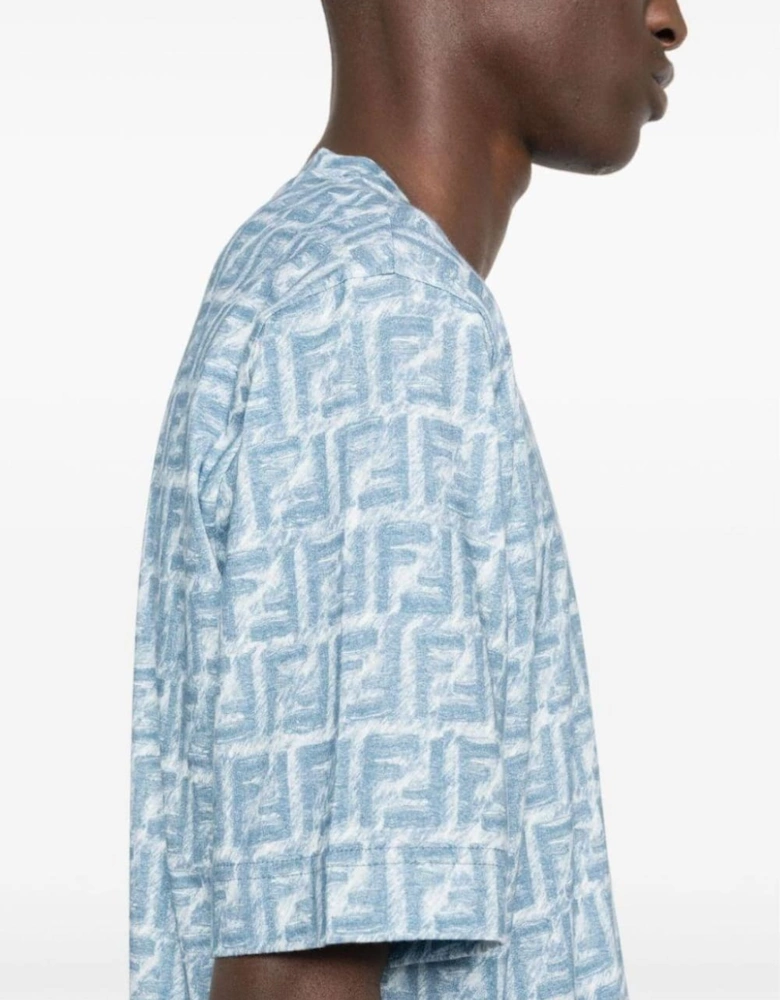 Jeans Fringed Monogram FF Print Oversized T-Shirt Blue
