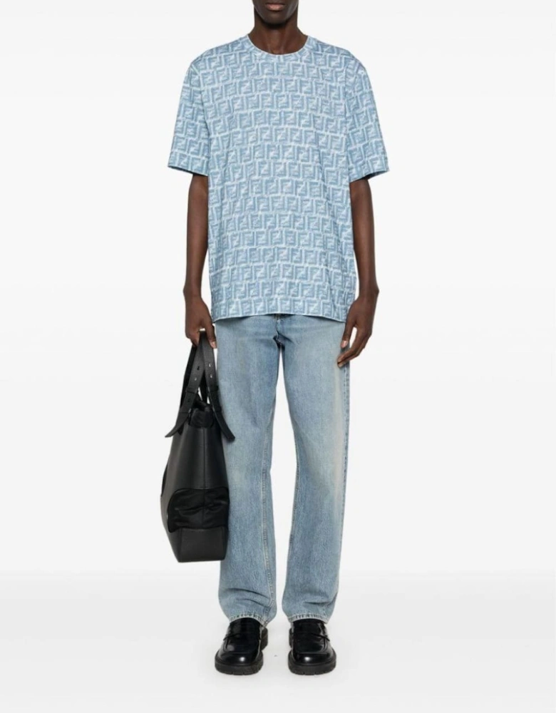 Jeans Fringed Monogram FF Print Oversized T-Shirt Blue