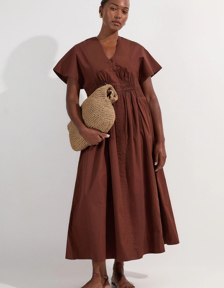 Plus Size Shirred Cotton Woven Plunge Neck Short Sleeve Maxi Dress