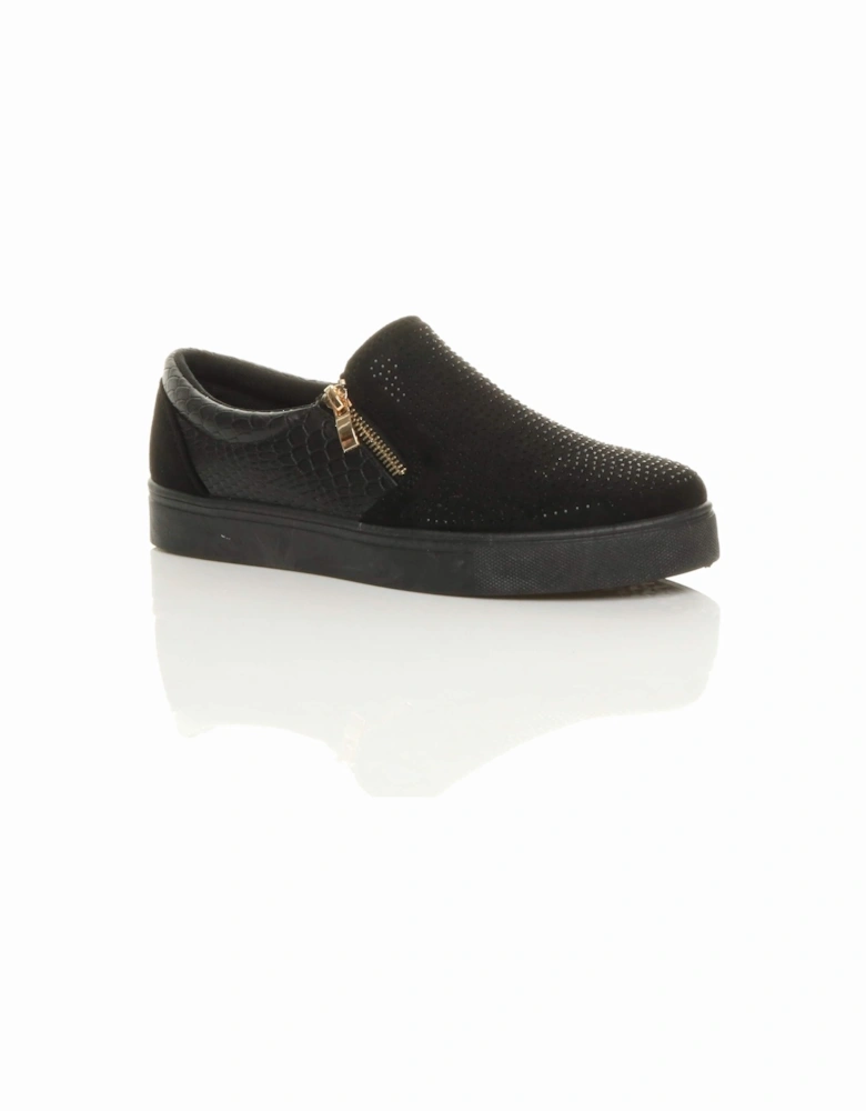 Flat  Heel Diamante Gold Zip Plimsolls  Skater Trainers